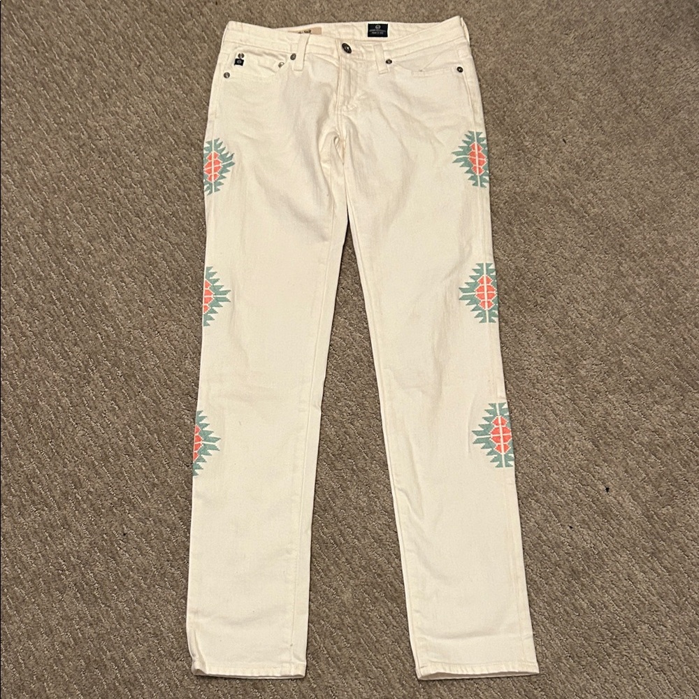 Ag Adriano Goldschmmied White Skinny Jeans with Coral & Teal Aztec Motifs
